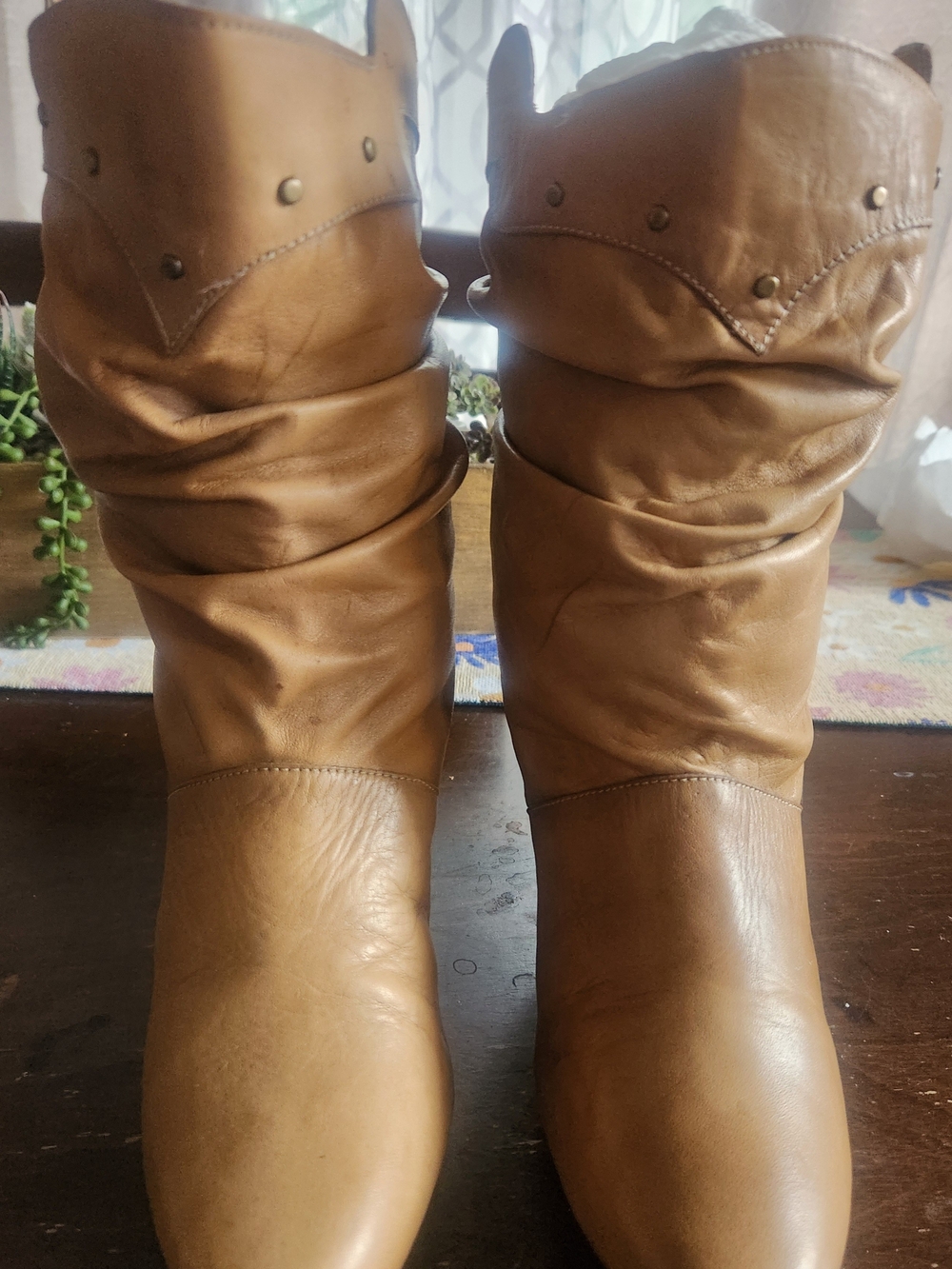 Vintage 80's Size 7.5 Made In Brazil Women's Slouchy Heeled Boots in Tan